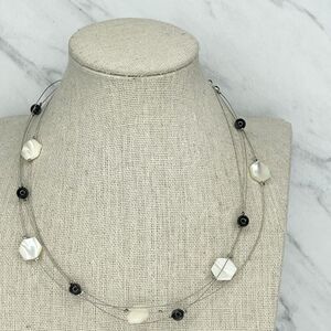 Silver Tone Triple Strand Wire Mother of Pearl Shell Beaded Necklace